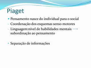 Piaget
 Pensamento nasce do individual para o social

- Coordenação dos esquemas senso motores
- Linguagem:nível de habilidades mentais
subordinação ao pensamento
• Separação de informações

 
