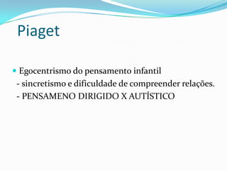 Piaget
 Egocentrismo do pensamento infantil

- sincretismo e dificuldade de compreender relações.
- PENSAMENO DIRIGIDO X AUTÍSTICO

 