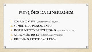 FUNÇÕES DA LINGUAGEM
1. COMUNICATIVA: garante socialização.
2. SUPORTE DO PENSAMENTO;
3. INSTRUMENTO DE EXPRESSÃO: eventos internos;
4. AFIRMAÇÃO DO EU: diferença eu/mundo;
5. DIMENSÃO ARTÍSTICA/LÚDICA.
 