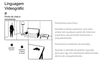 Linguagem
Videográfic
a
Ponto de vista e
movimento
                   Panorâmica descritiva:

                   Quando a câmara percorre uma zona
                   ampla sem qualquer ponto de interesse
                   específico, percorrendo livremente o
                   enquadramento.

                   Panorâmica condutora da atenção:

                   Quando a atenção do público é guiada
                   para que siga um movimento determinado
                   dentro do enquadramento.
 
