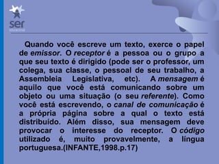 Profº Dr. José Wagner Cavalcante M
Quando você escreve um texto, exerce o papel
de emissor. O receptor é a pessoa ou o grupo a
que seu texto é dirigido (pode ser o professor, um
colega, sua classe, o pessoal de seu trabalho, a
Assembleia Legislativa, etc). A mensagem é
aquilo que você está comunicando sobre um
objeto ou uma situação (o seu referente). Como
você está escrevendo, o canal de comunicação é
a própria página sobre a qual o texto está
distribuído. Além disso, sua mensagem deve
provocar o interesse do receptor. O código
utilizado é, muito provavelmente, a língua
portuguesa.(INFANTE,1998.p.17)
 