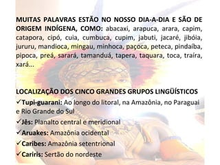  MUITAS PALAVRAS ESTÃO NO NOSSO DIA-A-DIA E SÃO DE ORIGEM INDÍGENA, COMO:   abacaxi, arapuca, arara, capim, catapora, cipó, cuia, cumbuca, cupim, jabuti, jacaré, jibóia, jururu, mandioca, mingau, minhoca, paçoca, peteca, pindaíba, pipoca, preá, sarará, tamanduá, tapera, taquara, toca, traíra, xará... LOCALIZAÇÃO DOS CINCO GRANDES GRUPOS LINGÜÍSTICOS Tupi-guarani:  Ao longo do litoral, na Amazônia, no Paraguai e Rio Grande do Sul Jês:  Planalto central e meridional Aruakes:  Amazônia ocidental Caribes:  Amazônia setentrional Cariris:  Sertão do nordeste 