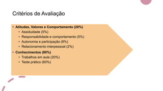 Critérios de Avaliação
• Atitudes, Valores e Comportamento (20%)
• Assiduidade (5%)
• Responsabilidade e comportamento (5%)
• Autonomia e participação (8%)
• Relacionamento interpessoal (2%)
• Conhecimentos (80%)
• Trabalhos em aula (20%)
• Teste prático (60%)
 