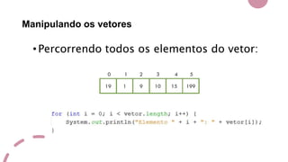 Manipulando os vetores
•Percorrendo todos os elementos do vetor:
 