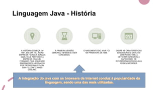 A HISTÓRIA COMEÇA EM
1991, EM SAN HILL ROAD
EMPRESA FILIADA A SUN (DA
QUAL HOJE PERTENCE A
EMPRESA ORACLE),
FORMADO PELA EQUIPA DE
ENGENHEIROS LIDERADOS
POR PATRICK NAUGTHON,
SUN FELLOW E JAMES
GOSLING.
A PRIMEIRA VERSÃO
DEMOROU 18 MESES A SER
CONCEBIDA.
O NASCIMENTO DO JAVA FOI
NA PRIMAVERA DE 1995.
DADAS AS CARATERÍSTICAS
DA LINGUAGEM JAVA, EM
JANEIRO DE 1996, A
NETSCAPE INTEGROU A
CAPACIDADE DE
INTERPRETAR CÓDIGO JAVA
NO SEU BROWSER.
 