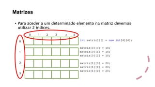 Matrizes
• Para aceder a um determinado elemento na matriz devemos
utilizar 2 índices.
 