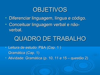 OBJETIVOSOBJETIVOS
• Diferenciar linguagem, língua e código.Diferenciar linguagem, língua e código.
• Conceituar linguagem verbal e não-Conceituar linguagem verbal e não-
verbal.verbal.
QUADRO DE TRABALHOQUADRO DE TRABALHO
• Leitura de estudo: P&A (Cap. 1 )Leitura de estudo: P&A (Cap. 1 )
Gramática (Cap. 1)Gramática (Cap. 1)
• Atividade: Gramática (p. 10, 11 e 15 – questão 2)Atividade: Gramática (p. 10, 11 e 15 – questão 2)
 