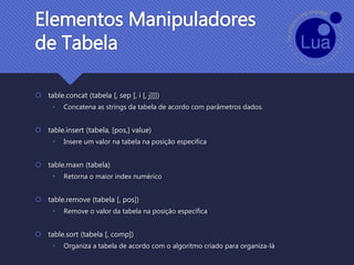Elementos Manipuladores
de Tabela
 table.concat (tabela [, sep [, i [, j]]])
• Concatena as strings da tabela de acordo com parâmetros dados.
 table.insert (tabela, [pos,] value)
• Insere um valor na tabela na posição específica
 table.maxn (tabela)
• Retorna o maior index numérico
 table.remove (tabela [, pos])
• Remove o valor da tabela na posição específica
 table.sort (tabela [, comp])
• Organiza a tabela de acordo com o algoritmo criado para organiza-lá
 