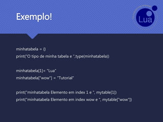 Exemplo!
minhatabela = {}
print(“O tipo de minha tabela e ",type(minhatabela))
minhatabela[1]= "Lua"
minhatabela["wow"] = "Tutorial"
print("minhatabela Elemento em index 1 e ", mytable[1])
print("minhatabela Elemento em index wow e ", mytable["wow"])
 