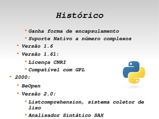 Histórico
             
               Ganha forma de encapsulamento
             
               Suporte Nativo a número complexos
        
            Versão 1.6
        
            Versão 1.61:
             Licença CNRI
             


           
             Compatível com GPL
    
        2000:
        
            BeOpen
        
            Versão 2.0:
             
                 Listcomprehension, sistema coletor de 
 
                 lixo             
             
                 Analisador Sintático SAX
 