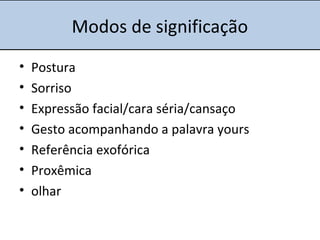 Modos de significação
• Postura
• Sorriso
• Expressão facial/cara séria/cansaço
• Gesto acompanhando a palavra yours
• Referência exofórica
• Proxêmica
• olhar
 