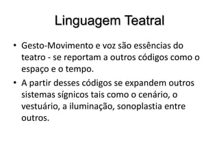 Linguagem TeatralGesto-Movimento e voz são essências do teatro - se reportam a outros códigos como o espaço e o tempo. A partir desses códigos se expandem outros sistemas sígnicos tais como o cenário, o vestuário, a iluminação, sonoplastia entre outros. 