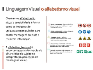 Linguagem Visual o alfabetismo visual
Chamamos alfabetização
visual a sensibilidade à forma
como as imagens são
utilizadas e manipuladas para
conter mensagens precisas e
reunirem informação.

A alfabetização visual é
importante para a formação do
olhar crítico do sujeito na
interpretação/percepção de
mensagens visuais.
 