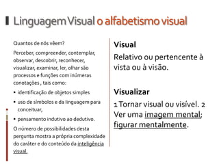 Linguagem Visual o alfabetismo visual
Chamamos alfabetização
visual a sensibilidade à forma
como as imagens são
utilizadas...