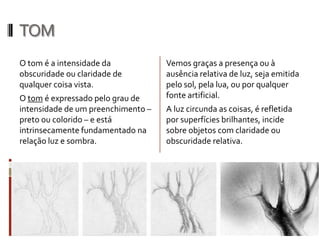 TOM
O tom é a intensidade da            Vemos graças a presença ou à
obscuridade ou claridade de         ausência relativa de luz, seja emitida
qualquer coisa vista.               pelo sol, pela lua, ou por qualquer
O tom é expressado pelo grau de     fonte artificial.
intensidade de um preenchimento –   A luz circunda as coisas, é refletida
preto ou colorido – e está          por superfícies brilhantes, incide
intrinsecamente fundamentado na     sobre objetos com claridade ou
relação luz e sombra.               obscuridade relativa.
 