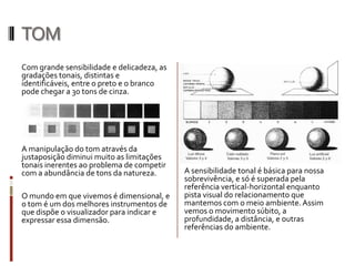 TOM
Com grande sensibilidade e delicadeza, as
gradações tonais, distintas e
identificáveis, entre o preto e o branco
pode chegar a 30 tons de cinza.




A manipulação do tom através da
justaposição diminui muito as limitações
tonais inerentes ao problema de competir
com a abundância de tons da natureza.       A sensibilidade tonal é básica para nossa
                                            sobrevivência, e só é superada pela
                                            referência vertical-horizontal enquanto
O mundo em que vivemos é dimensional, e     pista visual do relacionamento que
o tom é um dos melhores instrumentos de     mantemos com o meio ambiente. Assim
que dispõe o visualizador para indicar e    vemos o movimento súbito, a
expressar essa dimensão.                    profundidade, a distância, e outras
                                            referências do ambiente.
 