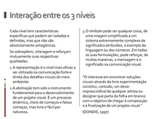 Interação entre os 3 níveis
Cada nível tem características               3. O símbolo pode ser qualquer coisa, de
específicas que podem ser isoladas e            uma imagem simplificada a um
definidas, mas que não são                    sistema extremamente complexo de
absolutamente antagônicas.                    significados atribuídos, a exemplo da
Se sobrepõem, interagem e reforçam            linguagem ou dos números. Em todas
mutuamente suas respectivas                   as suas formulações, pode reforçar, de
qualidades.                                   muitas maneiras, a mensagem e o
                                              significado na comunicação visual.
1. A representação é o nível mais eficaz a
   ser utilizado na comunicação forte e
   direta dos detalhes visuais do meio       “O interesse em encontrar soluções
   ambiente.                                 visuais através da livre experimentação
2.A abstração tem sido o instrumento         constitui, contudo, um dever
 fundamental para o desenvolvimento          imprescindível de qualquer artista ou
 de um projeto visual. É um processo         designer que parta da folha em branco
 dinâmico, cheio de começos e falsos         com o objetivo de chegar à composição
 começos, mas livre e fácil por              e à finalização de um projeto visual.”
 natureza.                                   (DONDIS, 1997)
 
