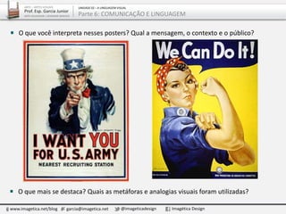 www.imagetica.net/blog garcia@imagetica.net @imageticadesign Imagética Design
ARTE – ARTES VISUAIS
Prof. Esp. Garcia Junior
ARTE-EDUCADOR / DESIGNER GRÁFICO
UNIDADE 02 – A LINGUAGEM VISUAL
Parte 6: COMUNICAÇÃO E LINGUAGEM
O que mais se destaca? Quais as metáforas e analogias visuais foram utilizadas?
O que você interpreta nesses posters? Qual a mensagem, o contexto e o público?
 