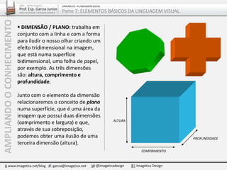  DIMENSÃO / PLANO: trabalha em
conjunto com a linha e com a forma
para iludir o nosso olhar criando um
efeito tridimensional na imagem,
que está numa superfície
bidimensional, uma folha de papel,
por exemplo. As três dimensões
são: altura, comprimento e
profundidade.
Junto com o elemento da dimensão
relacionaremos o conceito de plano
numa superfície, que é uma área da
imagem que possui duas dimensões
(comprimento e largura) e que,
através de sua sobreposição,
podemos obter uma ilusão de uma
terceira dimensão (altura).
AMPLIANDOOCONHECIMENTO
www.imagetica.net/blog garcia@imagetica.net @imageticadesign Imagética Design
ALTURA
COMPRIMENTO
PROFUNDIDADE
ARTE – ARTES VISUAIS
Prof. Esp. Garcia Junior
ARTE-EDUCADOR / DESIGNER GRÁFICO
UNIDADE 02 – A LINGUAGEM VISUAL
Parte 7: ELEMENTOS BÁSICOS DA LINGUAGEM VISUAL
 