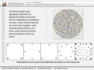 Os pontos podem agir
agrupados obtendo um
expressivo efeito visual com
formas ordenadas ou aleatórias
em que o olho irá reuni-los em
uma única imagem. Uma série
de pontos forma uma
linha, uma massa de pontos
torna-se textura, forma ou
plano.
Dependendo de como os pontos são organizados eles podem ser muito expressivos.
AMPLIANDOOCONHECIMENTO
www.imagetica.net/blog garcia@imagetica.net @imageticadesign Imagética Design
ARTE – ARTES VISUAIS
Prof. Esp. Garcia Junior
ARTE-EDUCADOR / DESIGNER GRÁFICO
UNIDADE 02 – A LINGUAGEM VISUAL
Parte 7: ELEMENTOS BÁSICOS DA LINGUAGEM VISUAL
 