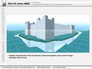 AMPLIANDOOCONHECIMENTO
www.imagetica.net/blog garcia@imagetica.net @imageticadesign Imagética Design
Projeção de perspectiva: linha do horizonte, linhas convergentes e dois pontos de fuga.
Ilustração: Garcia Junior.
ARTE – ARTES VISUAIS
Prof. Esp. Garcia Junior
ARTE-EDUCADOR / DESIGNER GRÁFICO
UNIDADE 02 – A LINGUAGEM VISUAL
Parte 7: ELEMENTOS BÁSICOS DA LINGUAGEM VISUAL
 