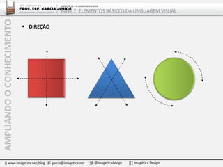 AMPLIANDOOCONHECIMENTO
www.imagetica.net/blog garcia@imagetica.net @imageticadesign Imagética Design
 DIREÇÃO
• horizontal - estática, calma
• vertical - prontidão, equilíbrio
• inclinada - instabilidade, atividade
• curva - continuidade, totalidade
ARTE – ARTES VISUAIS
Prof. Esp. Garcia Junior
ARTE-EDUCADOR / DESIGNER GRÁFICO
UNIDADE 02 – A LINGUAGEM VISUAL
Parte 7: ELEMENTOS BÁSICOS DA LINGUAGEM VISUAL
 