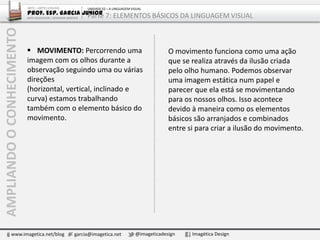 AMPLIANDOOCONHECIMENTO
www.imagetica.net/blog garcia@imagetica.net @imageticadesign Imagética Design
 MOVIMENTO: Percorrendo uma
imagem com os olhos durante a
observação seguindo uma ou várias
direções
(horizontal, vertical, inclinado e
curva) estamos trabalhando
também com o elemento básico do
movimento.
O movimento funciona como uma ação
que se realiza através da ilusão criada
pelo olho humano. Podemos observar
uma imagem estática num papel e
parecer que ela está se movimentando
para os nossos olhos. Isso acontece
devido à maneira como os elementos
básicos são arranjados e combinados
entre si para criar a ilusão do movimento.
ARTE – ARTES VISUAIS
Prof. Esp. Garcia Junior
ARTE-EDUCADOR / DESIGNER GRÁFICO
UNIDADE 02 – A LINGUAGEM VISUAL
Parte 7: ELEMENTOS BÁSICOS DA LINGUAGEM VISUAL
 