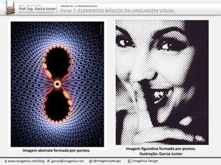 Imagem figurativa formada por pontos.
Ilustração: Garcia Junior
Imagem abstrata formada por pontos.
www.imagetica.net/blog garcia@imagetica.net @imageticadesign Imagética Design
ARTE – ARTES VISUAIS
Prof. Esp. Garcia Junior
ARTE-EDUCADOR / DESIGNER GRÁFICO
UNIDADE 02 – A LINGUAGEM VISUAL
Parte 7: ELEMENTOS BÁSICOS DA LINGUAGEM VISUAL
 