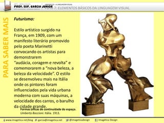 www.imagetica.net/blog garcia@imagetica.net @imageticadesign Imagética Design
AMPLIANDOOCONHECIMENTO ARTE – ARTES VISUAIS
Prof. Esp. Garcia Junior
ARTE-EDUCADOR / DESIGNER GRÁFICO
UNIDADE 02 – A LINGUAGEM VISUAL
Parte 7: ELEMENTOS BÁSICOS DA LINGUAGEM VISUAL
 