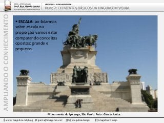 AMPLIANDOOCONHECIMENTO
www.imagetica.net/blog garcia@imagetica.net @imageticadesign Imagética Design
 ESCALA: ao falarmos
sobre escala ou
proporção vamos estar
comparando conceitos
opostos: grande e
pequeno.
Monumento do Ipiranga, São Paulo. Foto: Garcia Junior.
ARTE – ARTES VISUAIS
Prof. Esp. Garcia Junior
ARTE-EDUCADOR / DESIGNER GRÁFICO
UNIDADE 02 – A LINGUAGEM VISUAL
Parte 7: ELEMENTOS BÁSICOS DA LINGUAGEM VISUAL
 
