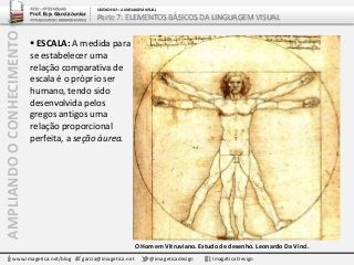 AMPLIANDOOCONHECIMENTO
www.imagetica.net/blog garcia@imagetica.net @imageticadesign Imagética Design
 ESCALA: A medida para
se estabelecer uma
relação comparativa de
escala é o próprio ser
humano, tendo sido
desenvolvida pelos
gregos antigos uma
relação proporcional
perfeita, a seção áurea.
O Homem Vitruviano. Estudo de desenho. Leonardo Da Vinci.
ARTE – ARTES VISUAIS
Prof. Esp. Garcia Junior
ARTE-EDUCADOR / DESIGNER GRÁFICO
UNIDADE 02 – A LINGUAGEM VISUAL
Parte 7: ELEMENTOS BÁSICOS DA LINGUAGEM VISUAL
 