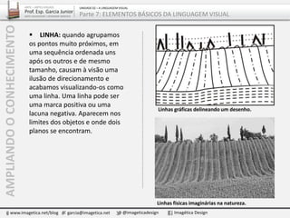  LINHA: quando agrupamos
os pontos muito próximos, em
uma sequência ordenada uns
após os outros e de mesmo
tamanho, causam à visão uma
ilusão de direcionamento e
acabamos visualizando-os como
uma linha. Uma linha pode ser
uma marca positiva ou uma
lacuna negativa. Aparecem nos
limites dos objetos e onde dois
planos se encontram.
Linhas gráficas delineando um desenho.
Linhas físicas imaginárias na natureza.
AMPLIANDOOCONHECIMENTO
www.imagetica.net/blog garcia@imagetica.net @imageticadesign Imagética Design
ARTE – ARTES VISUAIS
Prof. Esp. Garcia Junior
ARTE-EDUCADOR / DESIGNER GRÁFICO
UNIDADE 02 – A LINGUAGEM VISUAL
Parte 7: ELEMENTOS BÁSICOS DA LINGUAGEM VISUAL
 
