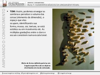 AMPLIANDOOCONHECIMENTO
www.imagetica.net/blog garcia@imagetica.net @imageticadesign Imagética Design
ARTE – ARTES VISUAIS
Prof. Esp. Garcia Junior
ARTE-EDUCADOR / DESIGNER GRÁFICO
UNIDADE 02 – A LINGUAGEM VISUAL
Parte 7: ELEMENTOS BÁSICOS DA LINGUAGEM VISUAL
 TOM: Assim, podemos enxergar as
sombras e perceber o volume das
coisas (elemento da dimensão), o
espaço que elas
ocupam, identificando sua
forma, massa, cor, textura, se está
estática ou em movimento etc. As
múltiplas gradações entre o claro e
escuro consistem numa escala tonal.
Efeito de forma definida pela luz em
ângulo específico sob os objetos
distribuídos de modo ordenado.
 