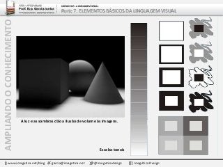 AMPLIANDOOCONHECIMENTO
www.imagetica.net/blog garcia@imagetica.net @imageticadesign Imagética Design
ARTE – ARTES VISUAIS
Prof. Esp. Garcia Junior
ARTE-EDUCADOR / DESIGNER GRÁFICO
UNIDADE 02 – A LINGUAGEM VISUAL
Parte 7: ELEMENTOS BÁSICOS DA LINGUAGEM VISUAL
Escalas tonais
A luz e as sombras dão a ilusão de volume às imagens.
 
