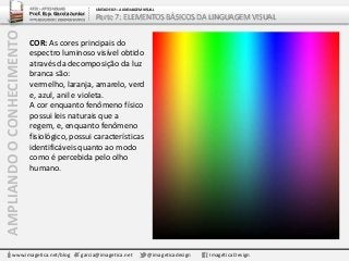 AMPLIANDOOCONHECIMENTO
www.imagetica.net/blog garcia@imagetica.net @imageticadesign Imagética Design
COR: As cores principais do
espectro luminoso visível obtido
através da decomposição da luz
branca são:
vermelho, laranja, amarelo, verd
e, azul, anil e violeta.
A cor enquanto fenômeno físico
possui leis naturais que a
regem, e, enquanto fenômeno
fisiológico, possui características
identificáveis quanto ao modo
como é percebida pelo olho
humano.
ARTE – ARTES VISUAIS
Prof. Esp. Garcia Junior
ARTE-EDUCADOR / DESIGNER GRÁFICO
UNIDADE 02 – A LINGUAGEM VISUAL
Parte 7: ELEMENTOS BÁSICOS DA LINGUAGEM VISUAL
 