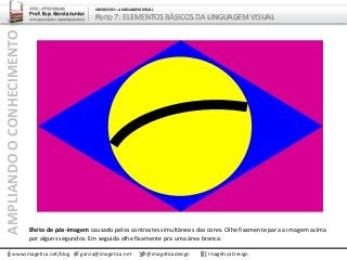 AMPLIANDOOCONHECIMENTO
www.imagetica.net/blog
ARTE – ARTES VISUAIS
Prof. Esp. Garcia Junior
ARTE-EDUCADOR / DESIGNER GRÁFICO
UNIDADE 02 – A LINGUAGEM VISUAL
Parte 7: ELEMENTOS BÁSICOS DA LINGUAGEM VISUAL
garcia@imagetica.net @imageticadesign Imagética Design
Efeito de pós-imagem causado pelos contrastes simultâneos das cores. Olhe fixamente para a imagem acima
por alguns segundos. Em seguida olhe fixamente pra uma área branca.
 