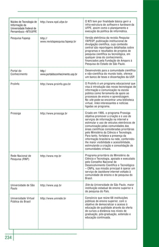 234
http://www.npd.ufpe.br
http://
www.revistapesquisa.fapesp.br
http:/
www.portaldoconhecimento.usp.br
http://www.proinfo.gov.br
http://www.prossiga.br
http://www.rnp.br
http://www.usp.br
http://www.unirede.br
Núcleo de Tecnologia de
Informação da
Universidade Federal de
Pernambuco –NTI/UFPE
Pesquisa Fapesp
Portal do
Conhecimento
ProInfo
Prossiga
Rede Nacional de
Pesquisa (RNP)
Universidade de São
Paulo
Universidade Virtual
Pública do Brasil
O NTI tem por finalidade básica gerir a
infra-estrutura de software e hardware da
UFPE, assim como o planejamento e
execução da política de informática.
Versão eletrônica da revista Pesquisa
FAPESP, publicação institucional de
divulgação científica, cujo conteúdo
central são reportagens detalhadas sobre
programas e resultados de projetos de
pesquisa científica ou tecnológica, em
qualquer área do conhecimento,
financiados pela Fundação de Amparo à
Pesquisa do Estado de São Paulo.
Desenvolvido para a comunidade científica
e não-científica do mundo todo, oferece
um banco de teses e dissertações da USP.
O ProInfo é um programa educacional que
visa à introdução das novas tecnologias de
informação e comunicação na escola
pública como ferramenta de apoio ao
processos de ensino e aprendizagem.
No site pode-se encontrar uma biblioteca
virtual, links interessantes e notícias
ligadas ao programa.
Criado em 1995, o programa Prossiga
objetiva promover a criação e o uso de
serviços de informação na internet e
estimular o uso de veículos eletrônicos de
comunicação pelas comunidades das
áreas científicas consideradas prioritárias
pelo Ministério da Ciência e Tecnologia.
Para tanto, fortalece a presença da
informação brasileira na rede, conferindo-
lhe maior visibilidade e acessibilidade,
estimulando a criação e consolidação de
comunidades virtuais.
Programa prioritário do Ministério da
Ciência e Tecnologia, apoiado e executado
pelo Conselho Nacional de
Desenvolvimento Científico e Tecnológico
– CNPq, sua missão principal é operar um
serviço de backbone internet voltado à
comunidade de ensino e de pesquisa do
Brasil.
Site da Universidade de São Paulo, maior
instituição estadual de ensino superior e
de pesquisa do País.
Consórcio que reúne 68 instituições
públicas de ensino superior, com o
objetivo de democratizar o acesso à
educação de qualidade através da oferta
de cursos a distância nos níveis de
graduação, pós-graduação, extensão e
educação continuada.
 