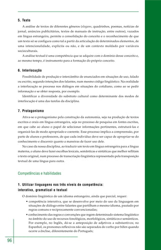 96
5. Texto
A análise de textos de diferentes gêneros (slogans, quadrinhos, poemas, notícias de
jornal, anúncios publicitários, textos de manuais de instrução, entre outros), vazados
em língua estrangeira, permite a consolidação do conceito e o reconhecimento de que
um texto só se configura como tal a partir da articulação de determinados elementos, de
uma intencionalidade, explícita ou não, e de um contexto moldado por variáveis
socioculturais.
A análise textual é uma competência que se adquire com o domínio desse conceito e,
ao mesmo tempo, é instrumento para a formação do próprio conceito.
6. Interlocução
Possibilidade de produção e intercâmbio de enunciados em situações de uso, falado
ou escrito, segundo intenções dos falantes, num mesmo código lingüístico. Na oralidade
a interlocução se processa nos diálogos em situações do cotidiano, como ao se pedir
informação e se obter resposta, por exemplo.
Identificar a diversidade do substrato cultural como determinante dos modos de
interlocução é uma das tarefas da disciplina.
7. Protagonismo
Ativa-se o protagonismo pela construção da autonomia, seja na produção de textos
escritos e orais em língua estrangeira, seja no processo de pesquisa em fontes escritas,
em que cabe ao aluno o papel de selecionar informações pertinentes, estruturá-las e
organizá-las de modo apropriado e coerente. Esse processo implica a compreensão, por
parte de alunos e professores, de que cada indivíduo deve ser capaz de apropriar-se do
conhecimento e discernir quanto a maneiras de fazer uso dele.
No caso da nossa disciplina, ao traduzir um texto em língua estrangeira para a língua
materna, o aluno deve fazer escolhas lexicais, semânticas e sintáticas que melhor reflitam
o texto original, num processo de transcriação lingüística representado pela transposição
textual de uma língua para outra.
Competências e habilidades
1. Utilizar linguagens nos três níveis de competência:
interativa, gramatical e textual
O domínio lingüístico de um idioma estrangeiro, ainda que parcial, requer:
• competência interativa, que se desenvolve por meio do uso da linguagem em
situações de diálogo entre falantes que partilham o mesmo idioma, pautado por
regras comuns e reciprocamente convencionadas;
• conhecimento das regras e convenções que regem determinado sistema lingüístico
no âmbito do uso de recursos fonológicos, morfológicos, sintáticos e semânticos.
Por exemplo, no Inglês, dá-se a anteposição de adjetivos a substantivos; no
Espanhol, os pronomes reflexivos não são separados do verbo por hífen quando
ocorre a ênclise, diferentemente do Português;
 