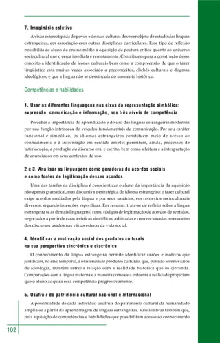 102
7. Imaginário coletivo
A visão estereotipada de povos e de suas culturas deve ser objeto de estudo das línguas
estrangeiras, em associação com outras disciplinas curriculares. Esse tipo de reflexão
possibilita ao aluno do ensino médio a aquisição de postura crítica quanto ao universo
sociocultural que o cerca imediata e remotamente. Contribuem para a construção desse
conceito a identificação de ícones culturais bem como a compreensão de que o fazer
lingüístico está muitas vezes associado a preconceitos, clichês culturais e dogmas
ideológicos, e que a língua não se desvincula do momento histórico.
Competências e habilidades
1. Usar as diferentes linguagens nos eixos da representação simbólica:
expressão, comunicação e informação, nos três níveis de competência
Perceber a importância do aprendizado e do uso das línguas estrangeiras modernas
por sua função intrínseca de veículos fundamentais de comunicação. Por seu caráter
funcional e simbólico, os idiomas estrangeiros constituem meio de acesso ao
conhecimento e à informação em sentido amplo; permitem, ainda, processos de
interlocução, a produção do discurso oral e escrito, bem como a leitura e a interpretação
de enunciados em seus contextos de uso.
2 e 3. Analisar as linguagens como geradoras de acordos sociais
e como fontes de legitimação desses acordos
Uma das tarefas da disciplina é conscientizar o aluno da importância da aquisição
não apenas gramatical, mas discursiva e estratégica do idioma estrangeiro: o fazer cultural
exige acordos mediados pela língua e por seus usuários, em contextos socioculturais
diversos, segundo intenções específicas. Em resumo: trata-se de refletir sobre a língua
estrangeira (e as demais linguagens) como códigos de legitimação de acordos de sentidos,
negociados a partir de características simbólicas, arbitradas e convencionadas no encontro
dos discursos usados nas várias esferas da vida social.
4. Identificar a motivação social dos produtos culturais
na sua perspectiva sincrônica e diacrônica
O conhecimento da língua estrangeira permite identificar razões e motivos que
justificam, no eixo temporal, a existência de produtos culturais que, por não serem vazios
de ideologia, mantêm estreita relação com a realidade histórica que os circunda.
Comparações com a língua materna e a maneira como esta enforma a realidade propiciam
que o aluno adquira essa competência progressivamente.
5. Usufruir do patrimônio cultural nacional e internacional
A possibilidade de cada indivíduo usufruir do patrimônio cultural da humanidade
amplia-se a partir da aprendizagem de línguas estrangeiras. Vale lembrar também que,
pela aquisição de competências e habilidades que possibilitam acesso ao conhecimento
 