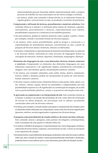 198
intencionalidade pessoal, buscando refletir sistematicamente sobre o próprio
processo de trabalho em suas associações aos de outros (colegas e artistas);
– em música, ainda, este conteúdo é desenvolvido ao se utilizarem formas de
registro gráfico, convencionais ou não, na produção e na leitura de partituras.
Compreensão e utilização de técnicas, procedimentos e materiais artísticos. Este
conteúdo refere-se à seleção e à utilização pelos alunos de materiais, suportes,
instrumentos, procedimentos e técnicas, experimentando seus limites,
possibilidades expressivas e construtivas em trabalhos pessoais:
• em artes plásticas, podem-se explorar materiais como o papel, a pedra, o barro,
por exemplo, criando e recriando formas em diversos espaços;
• em música, entre outras possibilidades, pode-se propor a construção e a
experimentação de instrumentos musicais, convencionais ou não, a partir de
pesquisa de diversos meios e materiais, naturais ou fabricados;
• em teatro, é importante a experimentação de materiais manufaturados ou naturais
e de diversas mídias, utilizando-os como recursos da linguagem teatral na
concepção de máscaras, cenários, figurinos, iluminação, maquiagens, adereços.
Elementos das linguagens da arte e suas dimensões: técnicas, formais, materiais
e sensíveis. Compreender os elementos das diferentes linguagens em suas
dimensões expressivas e de significado implica considerá-los articulados a
imagens, sons, movimentos, gestos, em produções artísticas variadas:
• em música, por exemplo, elementos como estilo, forma, motivo, andamento,
textura, timbre e dinâmica podem ser incorporados do ponto de vista técnico,
formal, material e sensível;
• em artes visuais e audiovisuais, elementos básicos como ponto, linha, plano, cor,
luz, textura, volume, espaço, devem ser percebidos e compreendidos em suas
possibilidades expressivas e de significados na constituição da imagem, de acordo
com as particularidades plásticas, visuais, e as possíveis articulações entre eles.
A apreciação na compreensão e na interpretação da arte. Este conteúdo orienta-se
à fruição, à análise e ao estudo das produções de arte, como meio de construção
de teorias ou idéias próprias, em articulação com os saberes socialmente
construídos sobre arte em diversas culturas:
• na dança, por exemplo, a fruição implica percepção e compreensão das relações entre
as diferentes fontes utilizadas nas composições, assim como dos diversos significados
(pessoais, estéticos, sociais) organizados e expressos nas diversas danças.
A pesquisa como procedimento de criação artística e de acesso aos bens culturais.
Este conteúdo associa a pesquisa, como postura investigativa contemporânea,
tanto à produção da arte quanto à reflexão sobre ela:
• ao realizar trabalhos de pesquisa e experimentação nas várias linguagens artísticas,
utilizando diversos meios e suportes, convencionais ou não, o aluno os incorpora
a seu repertório de criação;
• da mesma forma, os procedimentos de pesquisa, praticados como meio de acesso a saberes
sobre arte, têm a função de manter o aluno permanentemente informado e atualizado,
podendo renovar seus saberes, por si, com autonomia, para além da situação escolar.
 