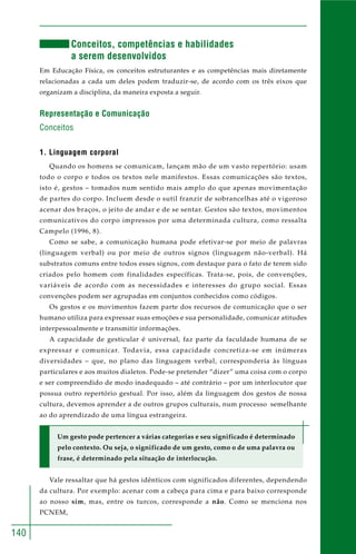140
Conceitos, competências e habilidades
a serem desenvolvidos
Em Educação Física, os conceitos estruturantes e as competências mais diretamente
relacionadas a cada um deles podem traduzir-se, de acordo com os três eixos que
organizam a disciplina, da maneira exposta a seguir.
Representação e Comunicação
Conceitos
1. Linguagem corporal
Quando os homens se comunicam, lançam mão de um vasto repertório: usam
todo o corpo e todos os textos nele manifestos. Essas comunicações são textos,
isto é, gestos – tomados num sentido mais amplo do que apenas movimentação
de partes do corpo. Incluem desde o sutil franzir de sobrancelhas até o vigoroso
acenar dos braços, o jeito de andar e de se sentar. Gestos são textos, movimentos
comunicativos do corpo impressos por uma determinada cultura, como ressalta
Campelo (1996, 8).
Como se sabe, a comunicação humana pode efetivar-se por meio de palavras
(linguagem verbal) ou por meio de outros signos (linguagem não-verbal). Há
substratos comuns entre todos esses signos, com destaque para o fato de terem sido
criados pelo homem com finalidades específicas. Trata-se, pois, de convenções,
variáveis de acordo com as necessidades e interesses do grupo social. Essas
convenções podem ser agrupadas em conjuntos conhecidos como códigos.
Os gestos e os movimentos fazem parte dos recursos de comunicação que o ser
humano utiliza para expressar suas emoções e sua personalidade, comunicar atitudes
interpessoalmente e transmitir informações.
A capacidade de gesticular é universal, faz parte da faculdade humana de se
expressar e comunicar. Todavia, essa capacidade concretiza-se em inúmeras
diversidades – que, no plano das linguagem verbal, corresponderia às línguas
particulares e aos muitos dialetos. Pode-se pretender “dizer” uma coisa com o corpo
e ser compreendido de modo inadequado – até contrário – por um interlocutor que
possua outro repertório gestual. Por isso, além da linguagem dos gestos de nossa
cultura, devemos aprender a de outros grupos culturais, num processo semelhante
ao do aprendizado de uma língua estrangeira.
Um gesto pode pertencer a várias categorias e seu significado é determinado
pelo contexto. Ou seja, o significado de um gesto, como o de uma palavra ou
frase, é determinado pela situação de interlocução.
Vale ressaltar que há gestos idênticos com significados diferentes, dependendo
da cultura. Por exemplo: acenar com a cabeça para cima e para baixo corresponde
ao nosso sim, mas, entre os turcos, corresponde a não. Como se menciona nos
PCNEM,
 