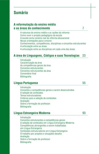 A reformulação do ensino médio
e as áreas do conhecimento 7
A natureza do ensino médio e as razões da reforma
Como rever o projeto pedagógico da escola
A escola como cenário real da reforma educacional
Novas orientações para o ensino
Conhecimentos, competências, disciplinas e conceitos estruturantes
A articulação entre as áreas
A articulação entre as disciplinas em cada uma das áreas
A área de Linguagens, Códigos e suas Tecnologias 23
Introdução
Caracterização da área
As competências gerais da área
Conceitos estruturantes
Conceitos estruturantes da área
Comentário final
Bibliografia
Língua Portuguesa 55
Introdução
Conceitos e competências gerais a serem desenvolvidos
A seleção de conteúdos
Temas estruturadores
Critérios para a seleção de conteúdos
Avaliação
Sobre a formação do professor
Bibliografia
Língua Estrangeira Moderna 93
Introdução
Conceitos estruturantes e competências gerais
A seleção de conteúdos em Língua Estrangeira Moderna
Competências abrangentes a serem trabalhadas
em Língua Estrangeira
Conteúdos estruturadores em Língua Estrangeira
O trabalho por projetos e situações-desafio
Avaliação
Sobre a formação do professor
Bibliografia
Sumário
 