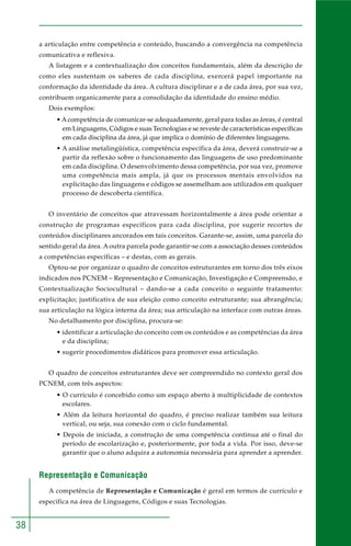 38
a articulação entre competência e conteúdo, buscando a convergência na competência
comunicativa e reflexiva.
A listagem e a contextualização dos conceitos fundamentais, além da descrição de
como eles sustentam os saberes de cada disciplina, exercerá papel importante na
conformação da identidade da área. A cultura disciplinar e a de cada área, por sua vez,
contribuem organicamente para a consolidação da identidade do ensino médio.
Dois exemplos:
• Acompetência de comunicar-se adequadamente, geral para todas as áreas, é central
em Linguagens, Códigos e suas Tecnologias e se reveste de características específicas
em cada disciplina da área, já que implica o domínio de diferentes linguagens.
• A análise metalingüística, competência específica da área, deverá construir-se a
partir da reflexão sobre o funcionamento das linguagens de uso predominante
em cada disciplina. O desenvolvimento dessa competência, por sua vez, promove
uma competência mais ampla, já que os processos mentais envolvidos na
explicitação das linguagens e códigos se assemelham aos utilizados em qualquer
processo de descoberta científica.
O inventário de conceitos que atravessam horizontalmente a área pode orientar a
construção de programas específicos para cada disciplina, por sugerir recortes de
conteúdos disciplinares ancorados em tais conceitos. Garante-se, assim, uma parcela do
sentido geral da área. A outra parcela pode garantir-se com a associação desses conteúdos
a competências específicas – e destas, com as gerais.
Optou-se por organizar o quadro de conceitos estruturantes em torno dos três eixos
indicados nos PCNEM – Representação e Comunicação, Investigação e Compreensão, e
Contextualização Sociocultural – dando-se a cada conceito o seguinte tratamento:
explicitação; justificativa de sua eleição como conceito estruturante; sua abrangência;
sua articulação na lógica interna da área; sua articulação na interface com outras áreas.
No detalhamento por disciplina, procura-se:
• identificar a articulação do conceito com os conteúdos e as competências da área
e da disciplina;
• sugerir procedimentos didáticos para promover essa articulação.
O quadro de conceitos estruturantes deve ser compreendido no contexto geral dos
PCNEM, com três aspectos:
• O currículo é concebido como um espaço aberto à multiplicidade de contextos
escolares.
• Além da leitura horizontal do quadro, é preciso realizar também sua leitura
vertical, ou seja, sua conexão com o ciclo fundamental.
• Depois de iniciada, a construção de uma competência continua até o final do
período de escolarização e, posteriormente, por toda a vida. Por isso, deve-se
garantir que o aluno adquira a autonomia necessária para aprender a aprender.
Representação e Comunicação
A competência de Representação e Comunicação é geral em termos de currículo e
específica na área de Linguagens, Códigos e suas Tecnologias.
 