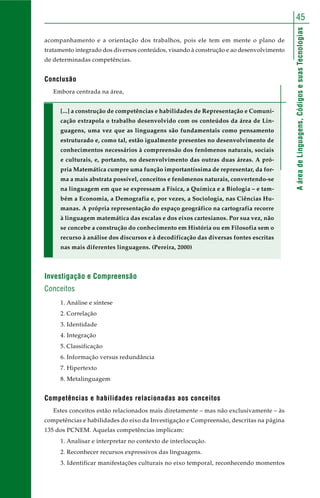 AáreadeLinguagens,CódigosesuasTecnologias
45
acompanhamento e a orientação dos trabalhos, pois ele tem em mente o plano de
tratamento integrado dos diversos conteúdos, visando à construção e ao desenvolvimento
de determinadas competências.
Conclusão
Embora centrada na área,
[...] a construção de competências e habilidades de Representação e Comuni-
cação extrapola o trabalho desenvolvido com os conteúdos da área de Lin-
guagens, uma vez que as linguagens são fundamentais como pensamento
estruturado e, como tal, estão igualmente presentes no desenvolvimento de
conhecimentos necessários à compreensão dos fenômenos naturais, sociais
e culturais, e, portanto, no desenvolvimento das outras duas áreas. A pró-
pria Matemática cumpre uma função importantíssima de representar, da for-
ma a mais abstrata possível, conceitos e fenômenos naturais, convertendo-se
na linguagem em que se expressam a Física, a Química e a Biologia – e tam-
bém a Economia, a Demografia e, por vezes, a Sociologia, nas Ciências Hu-
manas. A própria representação do espaço geográfico na cartografia recorre
à linguagem matemática das escalas e dos eixos cartesianos. Por sua vez, não
se concebe a construção do conhecimento em História ou em Filosofia sem o
recurso à análise dos discursos e à decodificação das diversas fontes escritas
nas mais diferentes linguagens. (Pereira, 2000)
Investigação e Compreensão
Conceitos
1. Análise e síntese
2. Correlação
3. Identidade
4. Integração
5. Classificação
6. Informação versus redundância
7. Hipertexto
8. Metalinguagem
Competências e habilidades relacionadas aos conceitos
Estes conceitos estão relacionados mais diretamente – mas não exclusivamente – às
competências e habilidades do eixo da Investigação e Compreensão, descritas na página
135 dos PCNEM. Aquelas competências implicam:
1. Analisar e interpretar no contexto de interlocução.
2. Reconhecer recursos expressivos das linguagens.
3. Identificar manifestações culturais no eixo temporal, reconhecendo momentos
 