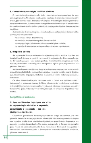 68
8. Conhecimento: construção coletiva e dinâmica
O conceito implica compreender todo conhecimento como resultado de uma
construção coletiva. Na situação escolar, como resultado da interação permanente entre
alunos, professores e escola. Em vez de um conjunto de informações pouco significativas
e descontextualizadas, o conhecimento é um patrimônio dinâmico, que se renova diante
do amadurecimento intelectual do aprendiz, de novos pontos de vista, das descobertas
científicas.
A dinamização da aprendizagem e a consolidação dos conhecimentos são favorecidas
quando para elas concorrem:
• a adequada seleção de conteúdos;
• a utilização de diferentes suportes em sala de aula;
• o emprego de procedimentos didático-metodológicos variados;
• o trabalho de sistematização empreendido por alunos e professores.
9. Imaginário coletivo
As representações que emanam das diversas práticas sociais resultam do
imaginário coletivo que se constrói e se reconstrói no interior das diferentes culturas.
As diversas linguagens – que podem ganhar a forma literária, imagética, corporal,
musical, entre outras – encarregam-se de expressar aquilo que a própria sociedade
produz e demanda.
A construção desse conceito pelo aluno se fará progressivamente, com o concurso de
competências e habilidades como conhecer, analisar e negociar sentidos a partir de obras
que, nas diferentes linguagens, traduzam os diferentes valores culturais presentes na
vida social.
Os mitos imortalizados pela literatura como o “herói sem nenhum caráter”
(Macunaíma), o homem do interior de Minas (Grande sertão: veredas) ou o nordestino
retirante (Vidas secas) são representações revestidas de alta carga expressiva e que, entre
tantas outras que o professor pode escolher, merecem ser apreciadas do ponto de vista
estético.
Competências e habilidades
1. Usar as diferentes linguagens nos eixos
da representação simbólica – expressão,
comunicação e informação – nos três
níveis de competências
Os sentidos que emanam de obras produzidas no campo da literatura, das artes
plásticas, da música, da dança podem ser constituídos e revisitados por meio de projeto
que preveja a produção de totalidades significativas, em diferentes linguagens, e a
posterior exposição das produções. Um mesmo tema gerador (o Barroco, por exemplo)
pode reunir, em uma sala ambiente, tanto reproduções de obras já consagradas e
identificadas com esse estilo como as produções dos alunos (textos verbais, esculturas,
pinturas, músicas etc.).
 