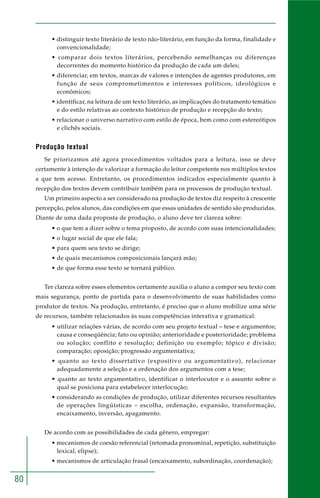 80
• distinguir texto literário de texto não-literário, em função da forma, finalidade e
convencionalidade;
• comparar dois textos literários, percebendo semelhanças ou diferenças
decorrentes do momento histórico da produção de cada um deles;
• diferenciar, em textos, marcas de valores e intenções de agentes produtores, em
função de seus comprometimentos e interesses políticos, ideológicos e
econômicos;
• identificar, na leitura de um texto literário, as implicações do tratamento temático
e do estilo relativas ao contexto histórico de produção e recepção do texto;
• relacionar o universo narrativo com estilo de época, bem como com estereótipos
e clichês sociais.
Produção textual
Se priorizamos até agora procedimentos voltados para a leitura, isso se deve
certamente à intenção de valorizar a formação do leitor competente nos múltiplos textos
a que tem acesso. Entretanto, os procedimentos indicados especialmente quanto à
recepção dos textos devem contribuir também para os processos de produção textual.
Um primeiro aspecto a ser considerado na produção de textos diz respeito à crescente
percepção, pelos alunos, das condições em que essas unidades de sentido são produzidas.
Diante de uma dada proposta de produção, o aluno deve ter clareza sobre:
• o que tem a dizer sobre o tema proposto, de acordo com suas intencionalidades;
• o lugar social de que ele fala;
• para quem seu texto se dirige;
• de quais mecanismos composicionais lançará mão;
• de que forma esse texto se tornará público.
Ter clareza sobre esses elementos certamente auxilia o aluno a compor seu texto com
mais segurança, ponto de partida para o desenvolvimento de suas habilidades como
produtor de textos. Na produção, entretanto, é preciso que o aluno mobilize uma série
de recursos, também relacionados às suas competências interativa e gramatical:
• utilizar relações várias, de acordo com seu projeto textual – tese e argumentos;
causa e conseqüência; fato ou opinião; anterioridade e posterioridade; problema
ou solução; conflito e resolução; definição ou exemplo; tópico e divisão;
comparação; oposição; progressão argumentativa;
• quanto ao texto dissertativo (expositivo ou argumentativo), relacionar
adequadamente a seleção e a ordenação dos argumentos com a tese;
• quanto ao texto argumentativo, identificar o interlocutor e o assunto sobre o
qual se posiciona para estabelecer interlocução;
• considerando as condições de produção, utilizar diferentes recursos resultantes
de operações lingüísticas – escolha, ordenação, expansão, transformação,
encaixamento, inversão, apagamento.
De acordo com as possibilidades de cada gênero, empregar:
• mecanismos de coesão referencial (retomada pronominal, repetição, substituição
lexical, elipse);
• mecanismos de articulação frasal (encaixamento, subordinação, coordenação);
 