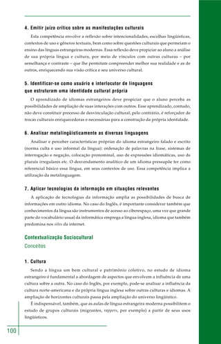 100
4. Emitir juízo crítico sobre as manifestações culturais
Esta competência envolve a reflexão sobre intencionalidades, escolhas lingüísticas,
contextos de uso e gêneros textuais, bem como sobre questões culturais que permeiam o
ensino das línguas estrangeiras modernas. Essa reflexão deve propiciar ao aluno a análise
de sua própria língua e cultura, por meio de vínculos com outras culturas – por
semelhança e contraste – que lhe permitam compreender melhor sua realidade e as de
outros, enriquecendo sua visão crítica e seu universo cultural.
5. Identificar-se como usuário e interlocutor de linguagens
que estruturam uma identidade cultural própria
O aprendizado de idiomas estrangeiros deve propiciar que o aluno perceba as
possibilidades de ampliação de suas interações com outros. Esse aprendizado, contudo,
não deve constituir processo de desvinculação cultural; pelo contrário, é reforçador de
trocas culturais enriquecedoras e necessárias para a construção da própria identidade.
6. Analisar metalingüisticamente as diversas linguagens
Analisar e perceber características próprias do idioma estrangeiro falado e escrito
(norma culta e uso informal da língua): ordenação de palavras na frase, sistemas de
interrogação e negação, colocação pronominal, uso de expressões idiomáticas, uso de
plurais irregulares etc. O desvendamento analítico de um idioma pressupõe ter como
referencial básico essa língua, em seus contextos de uso. Essa competência implica a
utilização da metalinguagem.
7. Aplicar tecnologias da informação em situações relevantes
A aplicação de tecnologias da informação amplia as possibilidades de busca de
informações em outro idioma. No caso do Inglês, é importante considerar também que
conhecimentos da língua são instrumentos de acesso ao ciberespaço, uma vez que grande
parte do vocabulário usual da informática emprega a língua inglesa, idioma que também
predomina nos sites da internet.
Contextualização Sociocultural
Conceitos
1. Cultura
Sendo a língua um bem cultural e patrimônio coletivo, no estudo de idioma
estrangeiro é fundamental a abordagem de aspectos que envolvem a influência de uma
cultura sobre a outra. No caso do Inglês, por exemplo, pode-se analisar a influência da
cultura norte-americana e da própria língua inglesa sobre outras culturas e idiomas. A
ampliação de horizontes culturais passa pela ampliação do universo lingüístico.
É indispensável, também, que as aulas de língua estrangeira moderna possibilitem o
estudo de grupos culturais (migrantes, rappers, por exemplo) a partir de seus usos
lingüísticos.
 