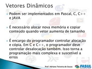    Podem ser implementados em Pascal, C, C++
    e JAVA

   É necessário alocar nova memória e copiar
    conteúdo quando vetor aumenta de tamanho

   É encargo do programador controlar alocação
    e cópia. Em C e C++, o programador deve
    controlar desalocação também. Isso torna a
    programação mais complexa e suscetível a
    erros

                        Prof. Adriano Teixeira de Souza
 