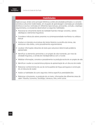 104
Língua
Portuguesa Currículo do Estado de São Paulo
4º-Bimestre
Habilidades
Espera-se que, tendo como principal referência a esfera de atividade profissões e o conceito
semiótico-cultural de modernidade, em situações de aprendizagem orientadas por atividades
de leitura e escrita e centradas em diferentes tipos textuais, priorizando, contudo, a tipologia
argumentativa, os estudantes desenvolvam as seguintes habilidades:
Posicionar-se criticamente diante da realidade fazendo interagir conceitos, valores•	
ideológicos e elementos linguísticos
Considerar indícios de valores presentes na contemporaneidade manifestos na urdidura•	
textual
Analisar as intenções enunciativas dos textos literários na escolha dos temas, das•	
estruturas e dos estilos, como procedimentos argumentativos
Localizar informações relevantes do texto para solucionar determinado problema•	
apresentado
Identificar os elementos pertinentes a um projeto de vida mantendo, por meio da•	
atividade linguística, o sentido de interdependência com o mundo
Mobilizar informações, conceitos e procedimentos na produção escrita de um projeto de vida•	
Identificar e avaliar as características próprias da apresentação de um discurso de orador•	
Relacionar conhecimentos do uso da norma-padrão da língua portuguesa à construção•	
de um discurso de orador
Avaliar as habilidades do outro seguindo critérios específicos preestabelecidos•	
Relacionar criticamente, na produção de um texto, informações das diferentes áreas do•	
saber: Filosofia, Economia, Sociologia, Literatura, Arte, entre outras
 