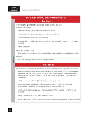 126
Língua
Estrangeira
Moderna Currículo do Estado de São Paulo
8a
- série/9o
- ano do Ensino Fundamental
2º-Bimestre
Conteúdos
Conhecimento gramatical e lexical em língua inglesa em uso
Invenções e inventores
Relação entre invenções e inventores (quem fez o quê)•	
Descrições de invenções, situando-as no momento histórico•	
Relação entre uma invenção e seu uso social•	
Tempos verbais: passado e presente (retomada) e voz passiva (•	 It’s used for ... ing; it was
invented)
Verbos e adjetivos•	
Textos para leitura e escrita
Verbetes de enciclopédias, anúncios publicitários, páginas da internet, catálogos e fichas•	
Produção
Ficha com descrição de um produto ou equipamento•	
Habilidades
Espera-se que ao completar este bimestre os alunos desenvolvam as seguintes habilidades:
Ler, compreender, analisar e interpretar: verbetes de enciclopédia, anúncios publicitários,•	
páginas da internet, catálogos e fichas com descrição de produtos e invenções, piadas,
adivinhas e diálogos, inferindo seus traços característicos, bem como suas finalidades e
usos sociais
Solicitar e fornecer informações sobre ações e fatos passados•	
Formular hipóteses sobre regras de uso da língua escrita, a partir da análise de•	
regularidades, e aplicá-las em produções escritas, revisões e leituras
Reconhecer o uso da voz passiva em expressões como “•	 it’s used for ... ing” e “it was
invented”
Transpor informações de um texto para uma tabela•	
Relatar experiências vividas ou acontecimentos, adequando a sequência temporal e causal•	
 